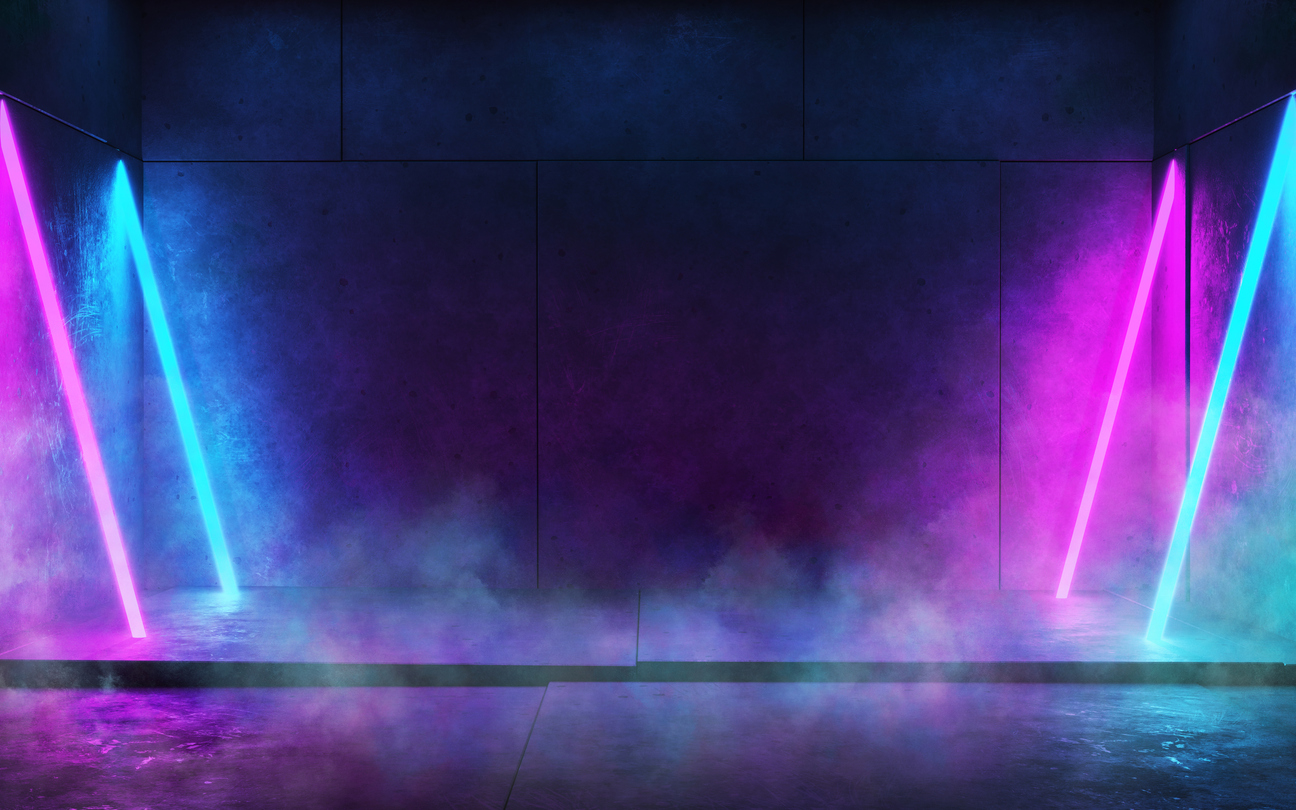 Rough concrete walls and floor, neon lights, smoke, glow. Empty dark room background. 3d render Disco dancefloor